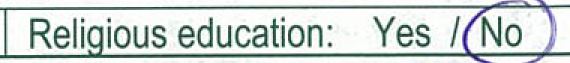 Religious education on the enrolment form box