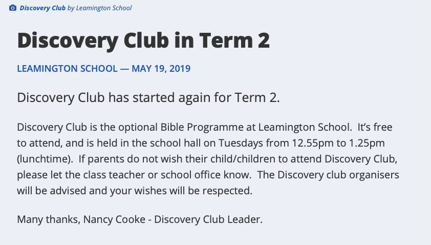 Discovery Club Notice Scan of notice about bible programme at Leamington School
