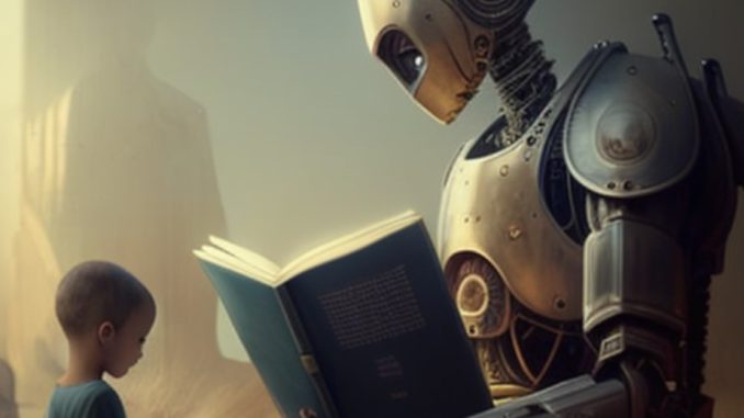 child with AI robot reading a bible.