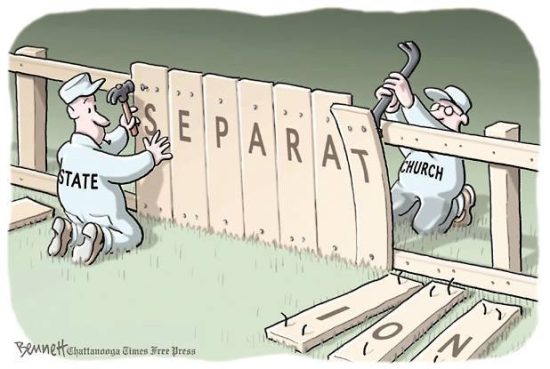 separation of church and state cartoon showinga state builder working on a fence and a church worker pulling it down.